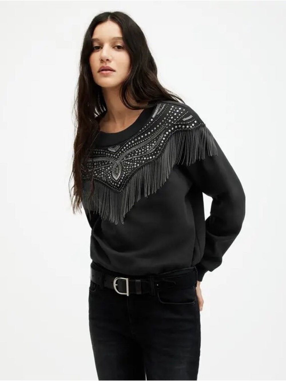 All Saints Winona Hayne Black Studded Fringe Sweatshirt- Cropped